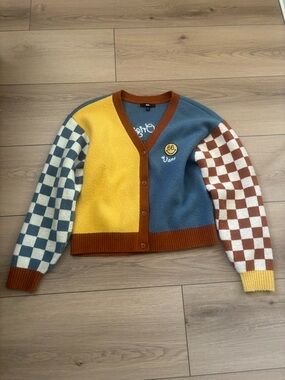 Vans Colorblock Checkered Button Cardigan in Yellow, Blue & Brown